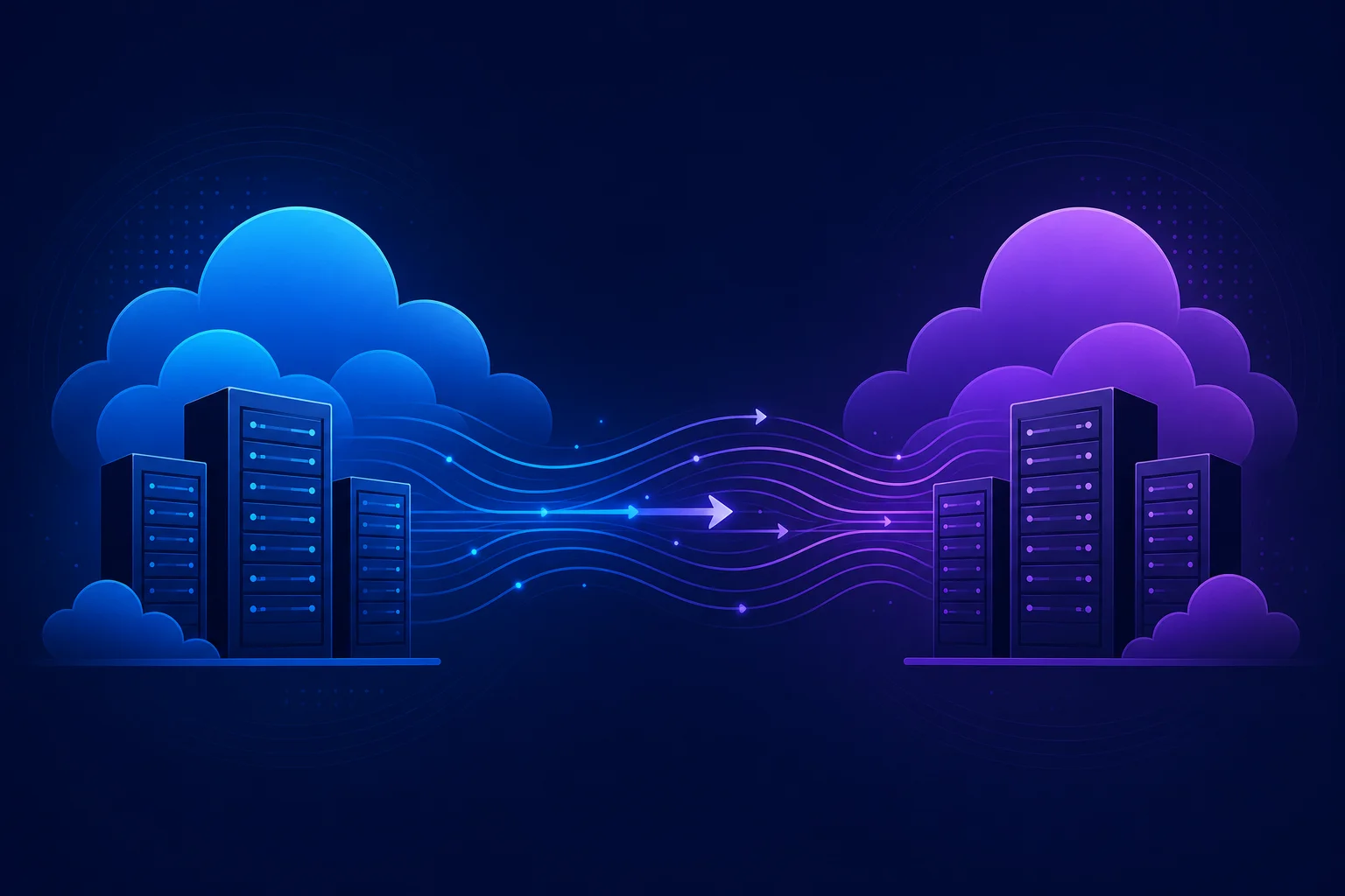 Data overstappen tussen hostingproviders onder de EU Data Act Abstracte illustratie van serverrack silhouetten en cloudvormen verbonden door datastroomlijnen die migratie tussen hostingpr
