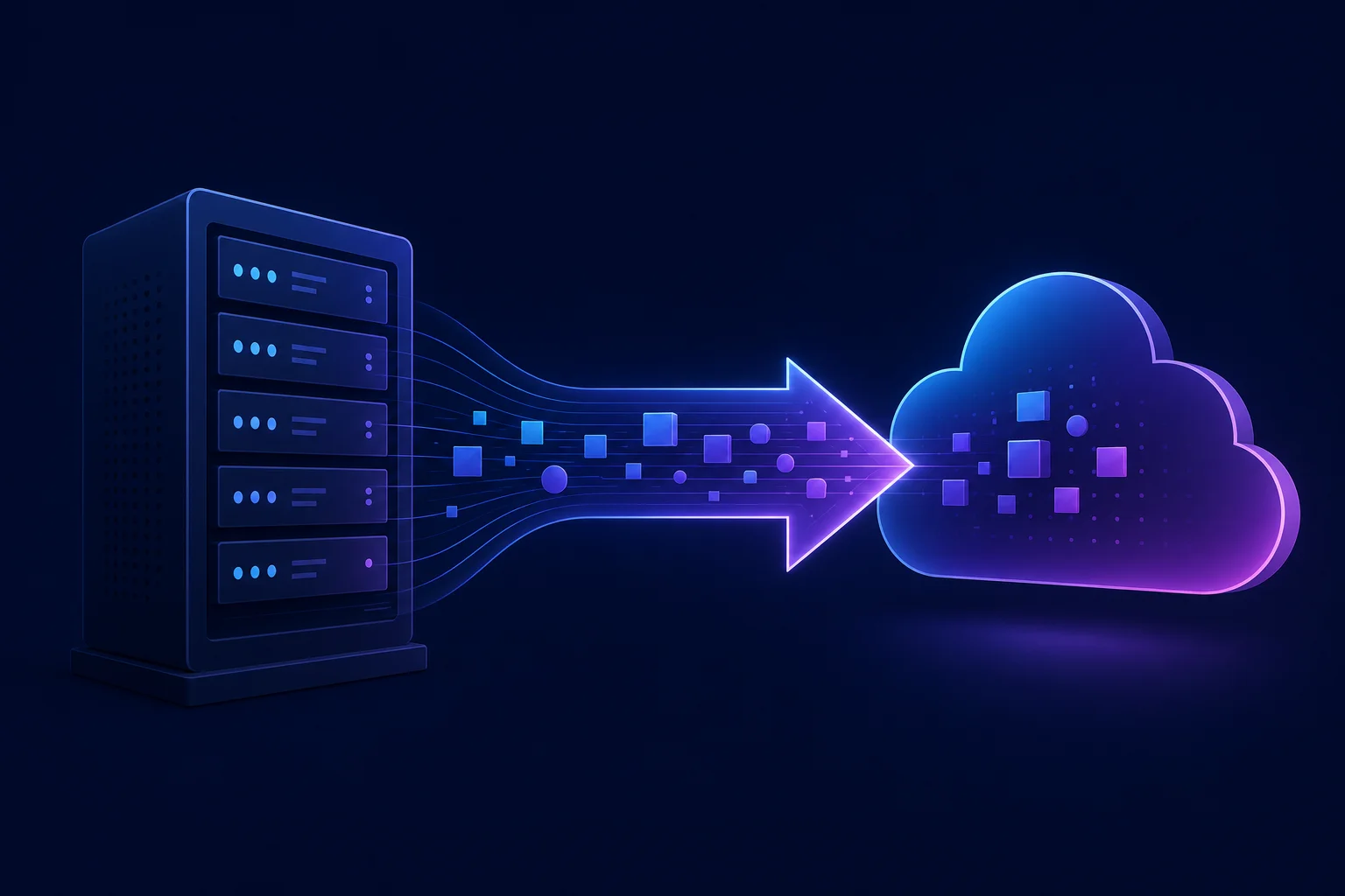 Abstracte illustratie van dataoverdracht tussen twee serversymbolen, verbeeldt rechten bij overstappen tussen hostingprovider