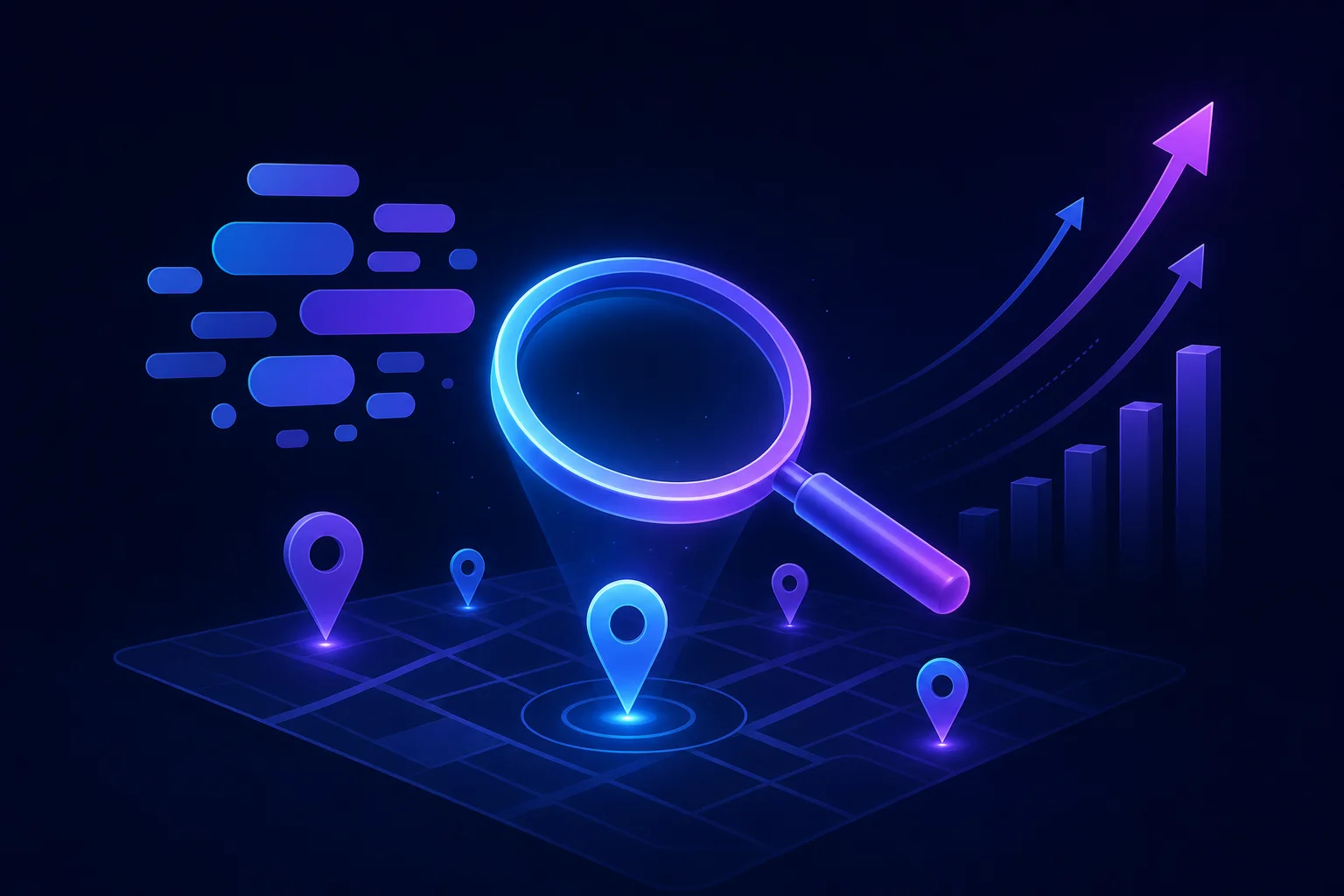 Vergrootglas boven abstracte NL-kaartpinnen en keyword cloud, symbool voor lokale SEO-geschiktheid van tools