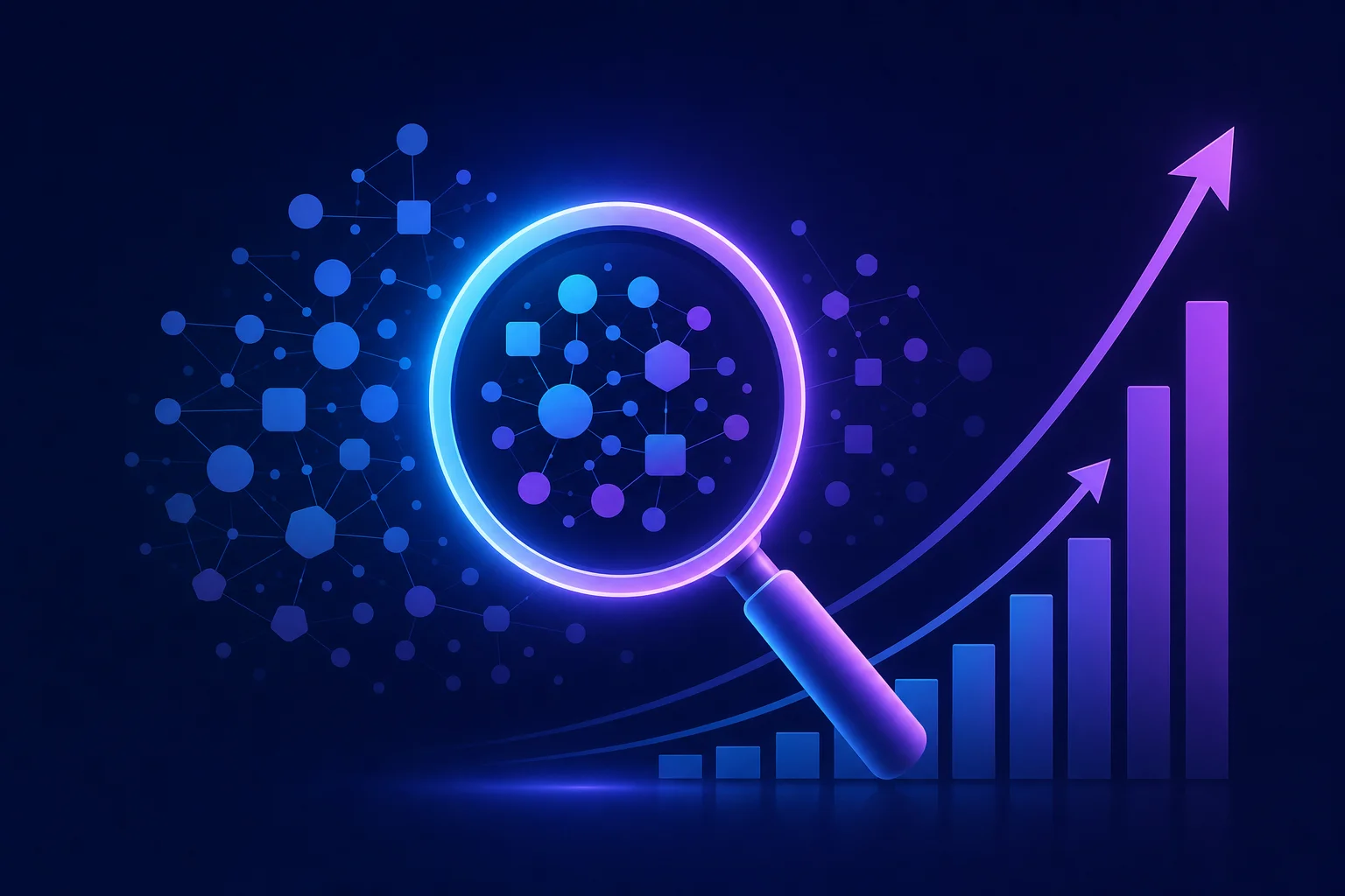 Abstracte illustratie van zoekvergrootglas, keyword cloud en stijgende grafieklijnen als symbool voor beste SEO-tools voor de