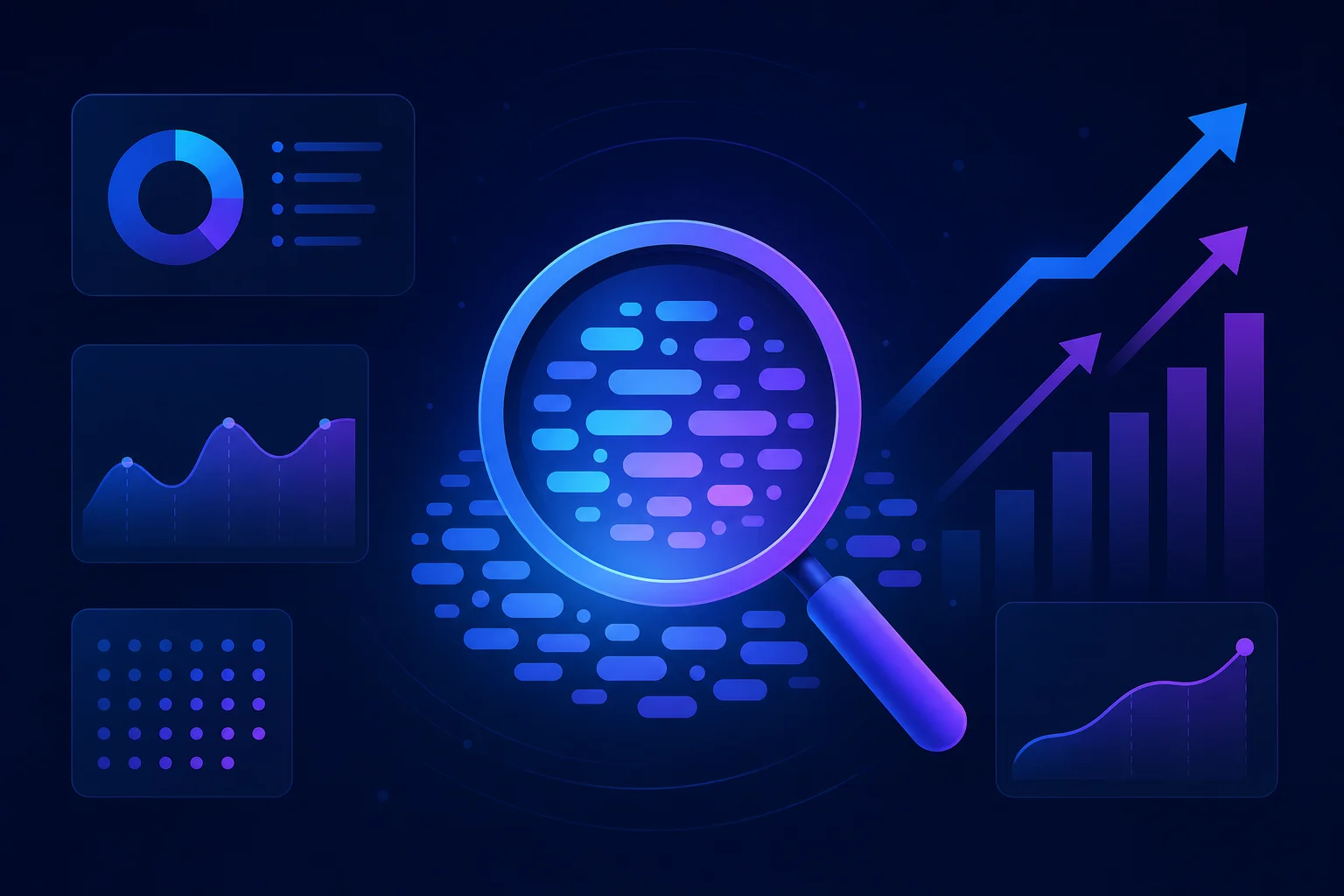 SEO-tools visueel: zoekvergrootglas en groeigrafieken Abstracte illustratie van vergrootglas boven keyword-wolk met stijgende grafieklijnen, symbool voor SEO software
