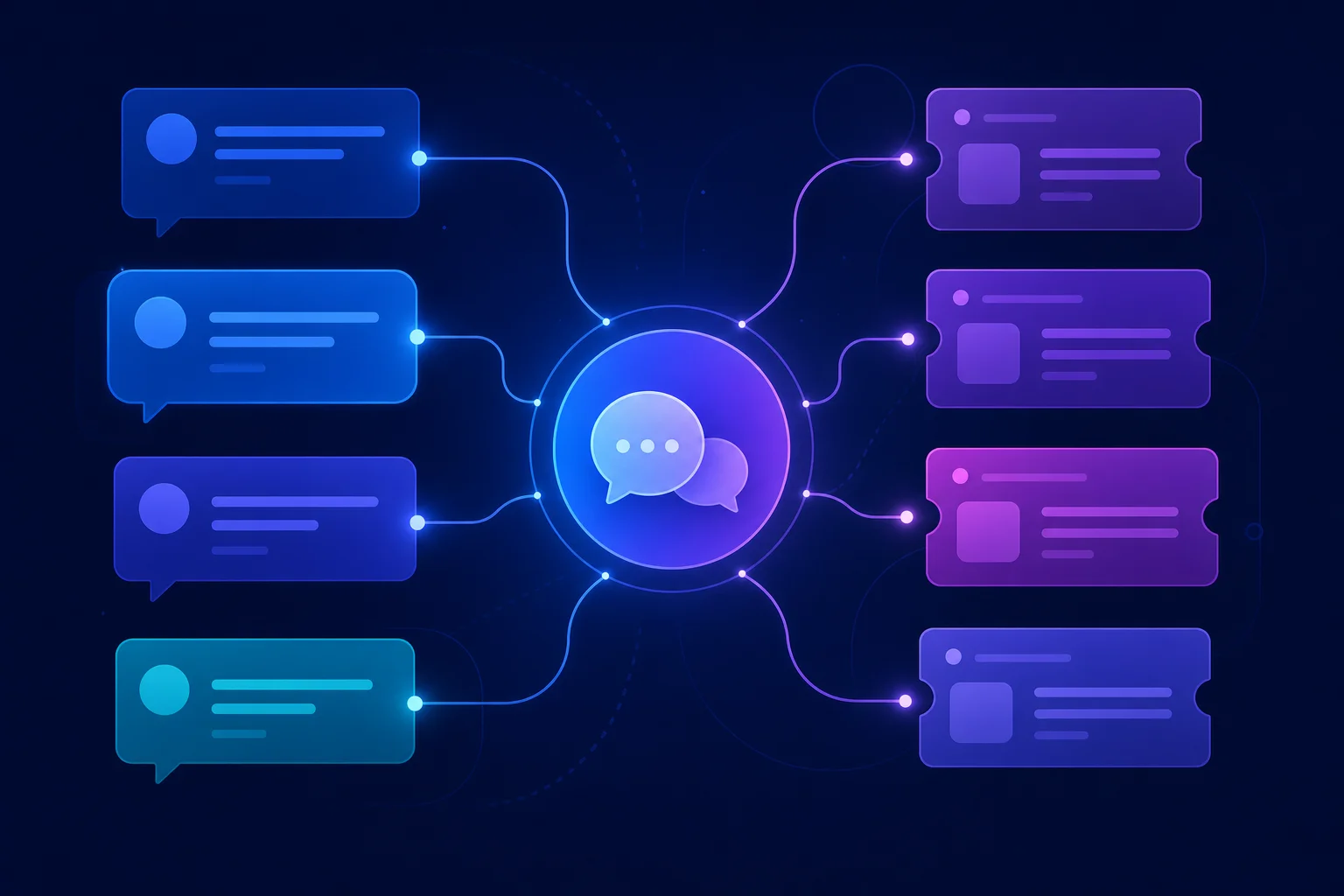 Abstracte chatbubbels en ticketvormen naast elkaar, symbool voor vergelijking van service desk helpdesk-tools