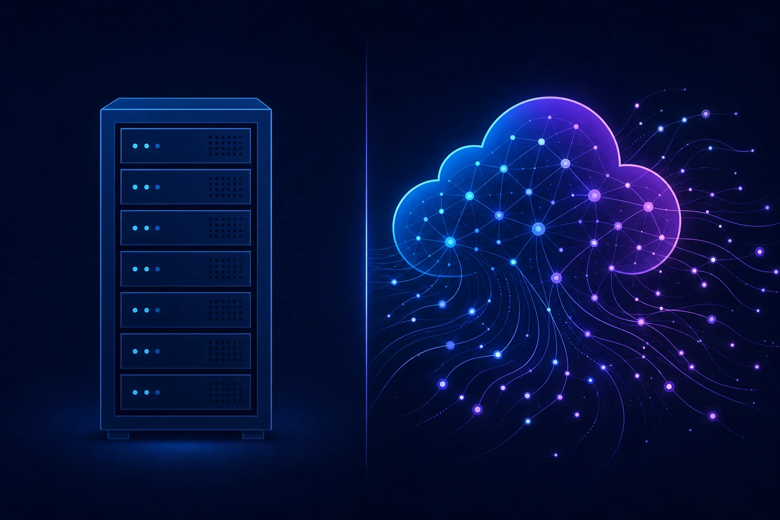 Verschil tussen VPS en cloud hosting visueel weergegeven Illustratie van vast serverrack tegenover flexibele wolkstructuur met datalijnen, verschil VPS en cloud hosting