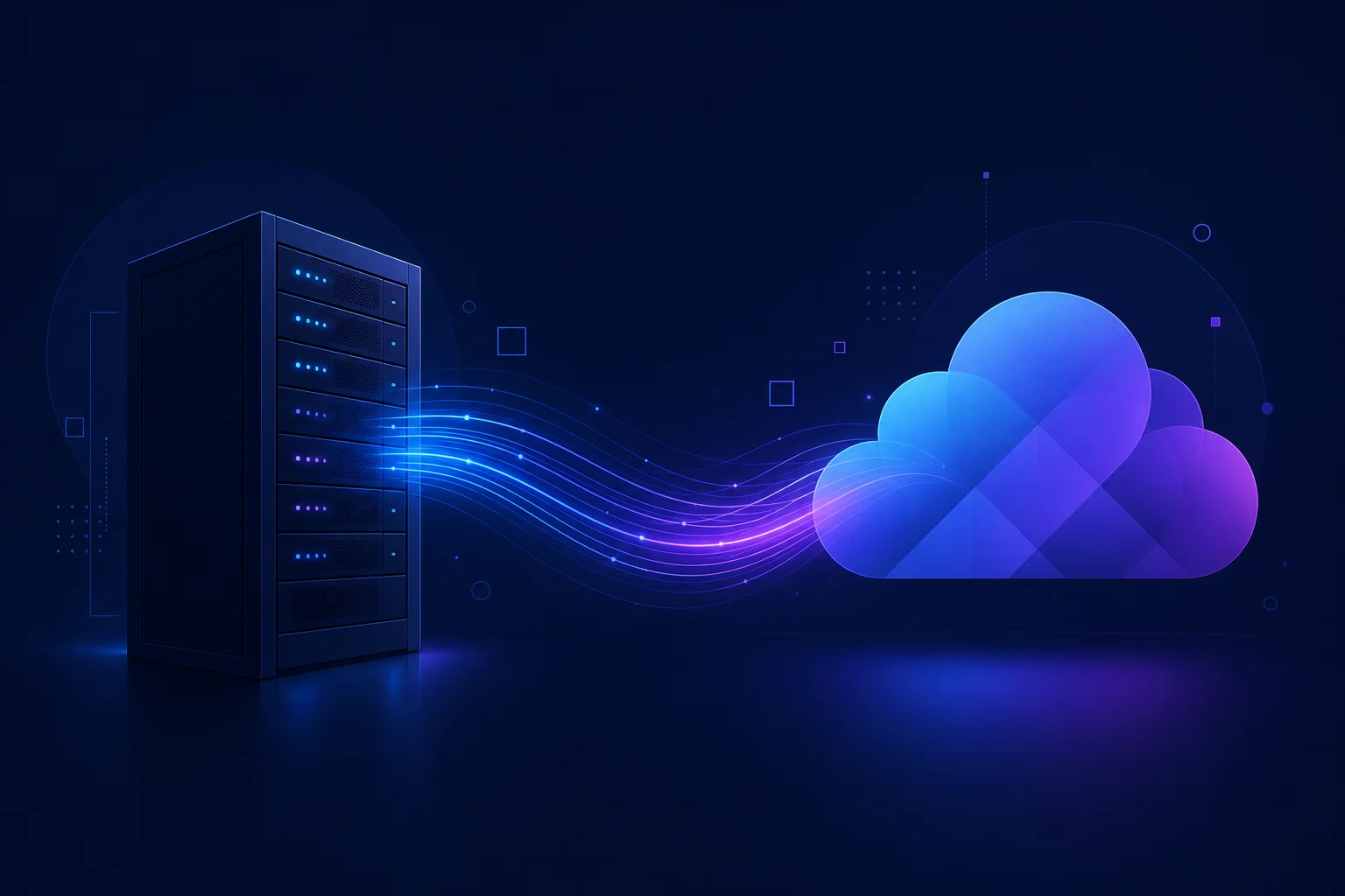 VPS versus cloud hosting visueel vergeleken Abstracte illustratie van een serverrack tegenover een cloudvorm met datastromen in blauw-paarse tinten