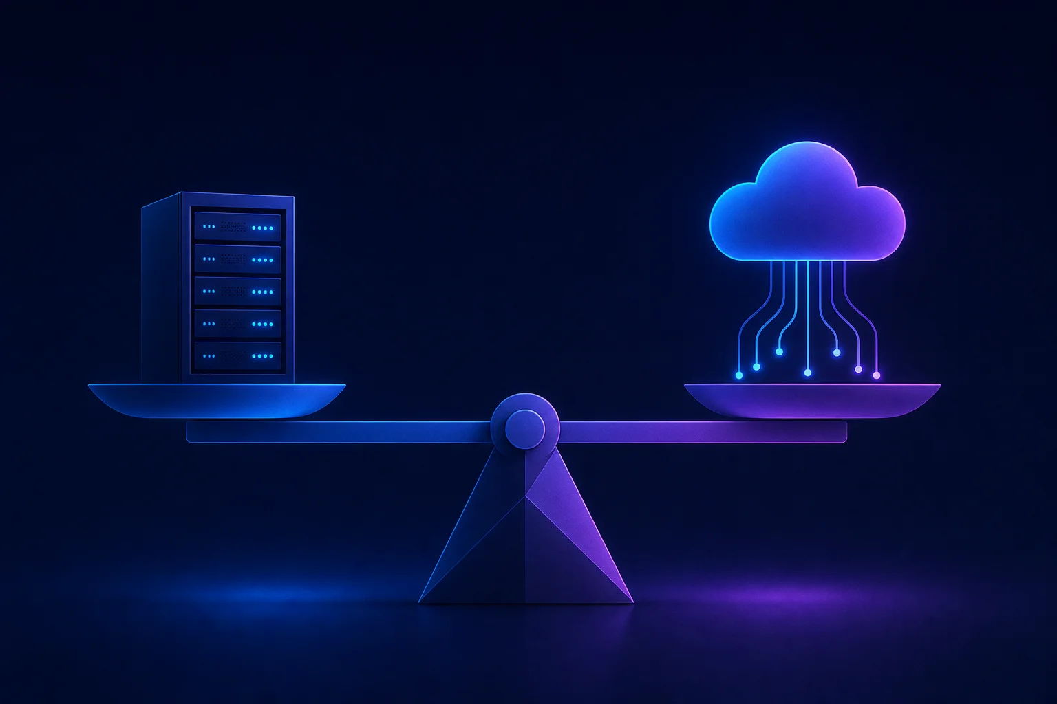 Prijsvergelijking VPS versus Cloud Hosting Abstracte weegschaal vergelijkt kosten van server rack silhouet met cloud vorm, symbool voor prijzen vergelijken VPS en cloud