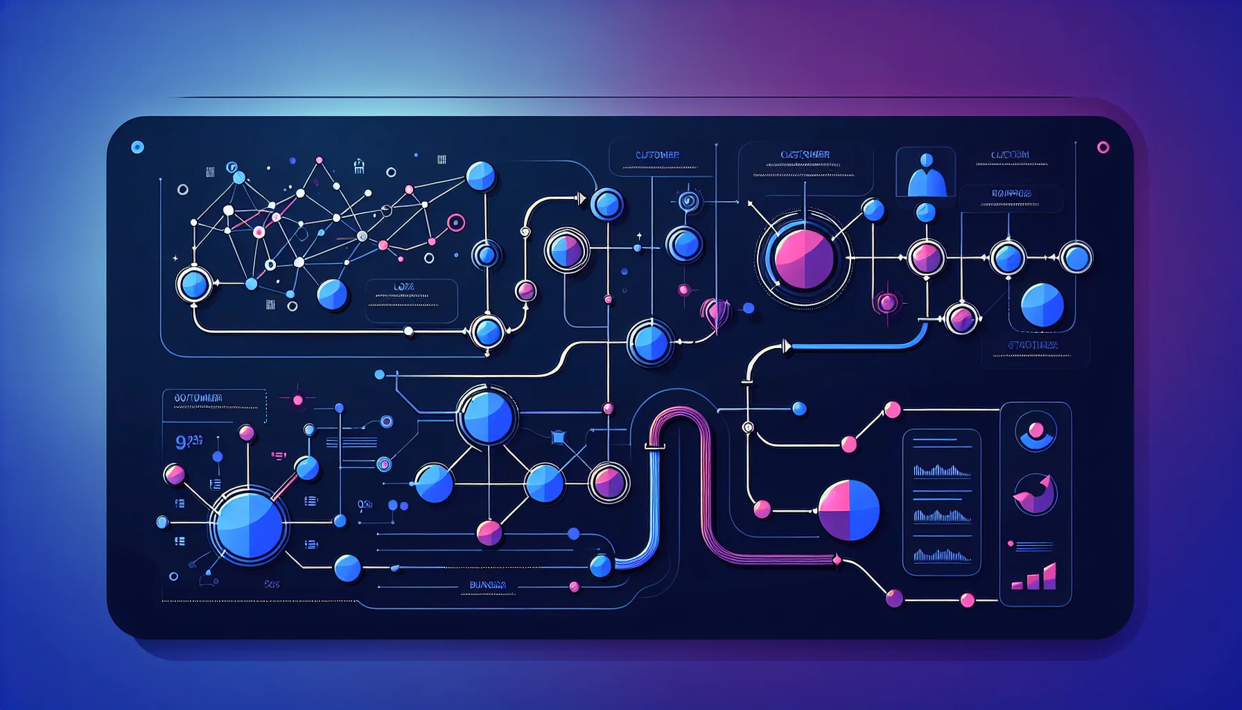 CRM dashboard met klantrelaties en business pipeline visualisatie Dashboard interface met klantrelatie-netwerk en pipeline visualisatie die het belang van CRM voor bedrijven toont