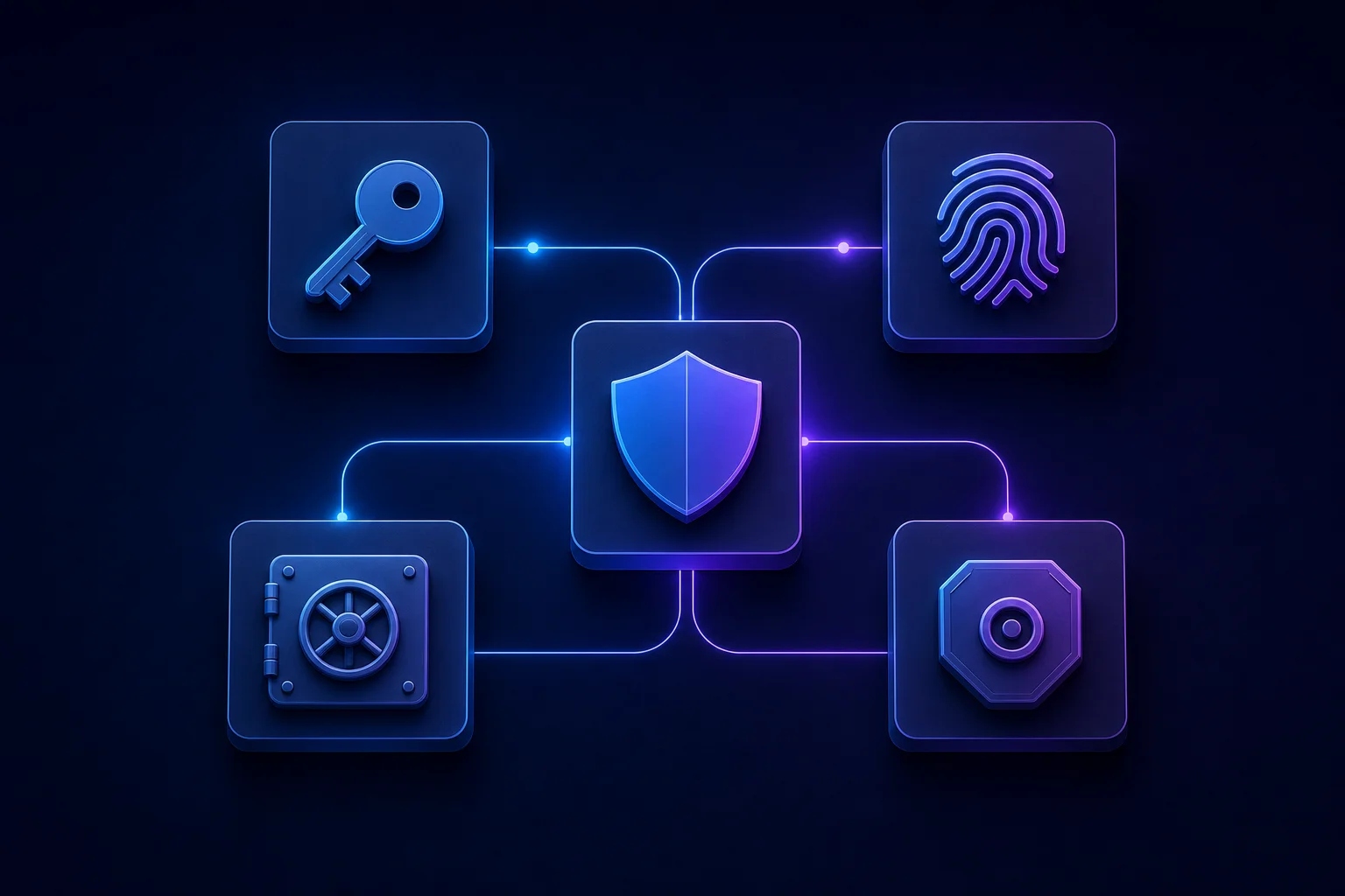 Feature-vergelijking wachtwoordmanagers visueel weergegeven Abstracte iconen van beveiligingsfuncties verbonden in een vergelijkingsraster, symbool voor feature-vergelijking tussen wach