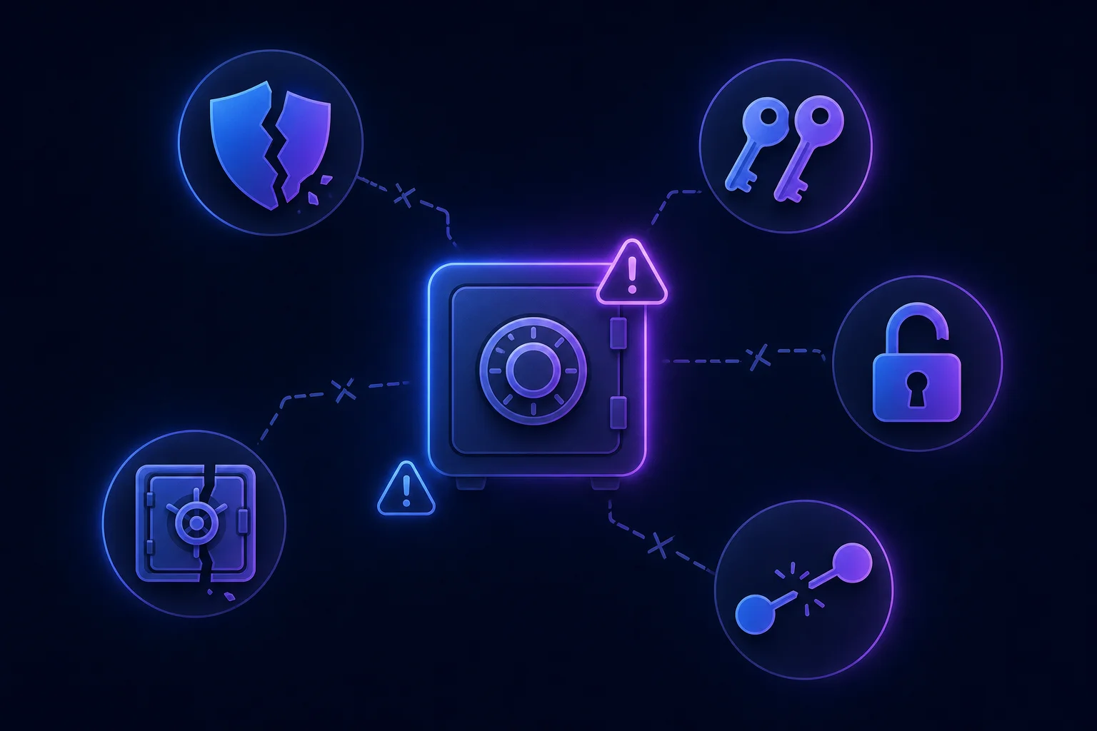 Veelgemaakte fouten bij het gebruik van een wachtwoordmanager Vijf abstracte iconen tonen veelgemaakte fouten bij gebruik van een wachtwoordmanager, zoals zwakke beveiliging en verbroken