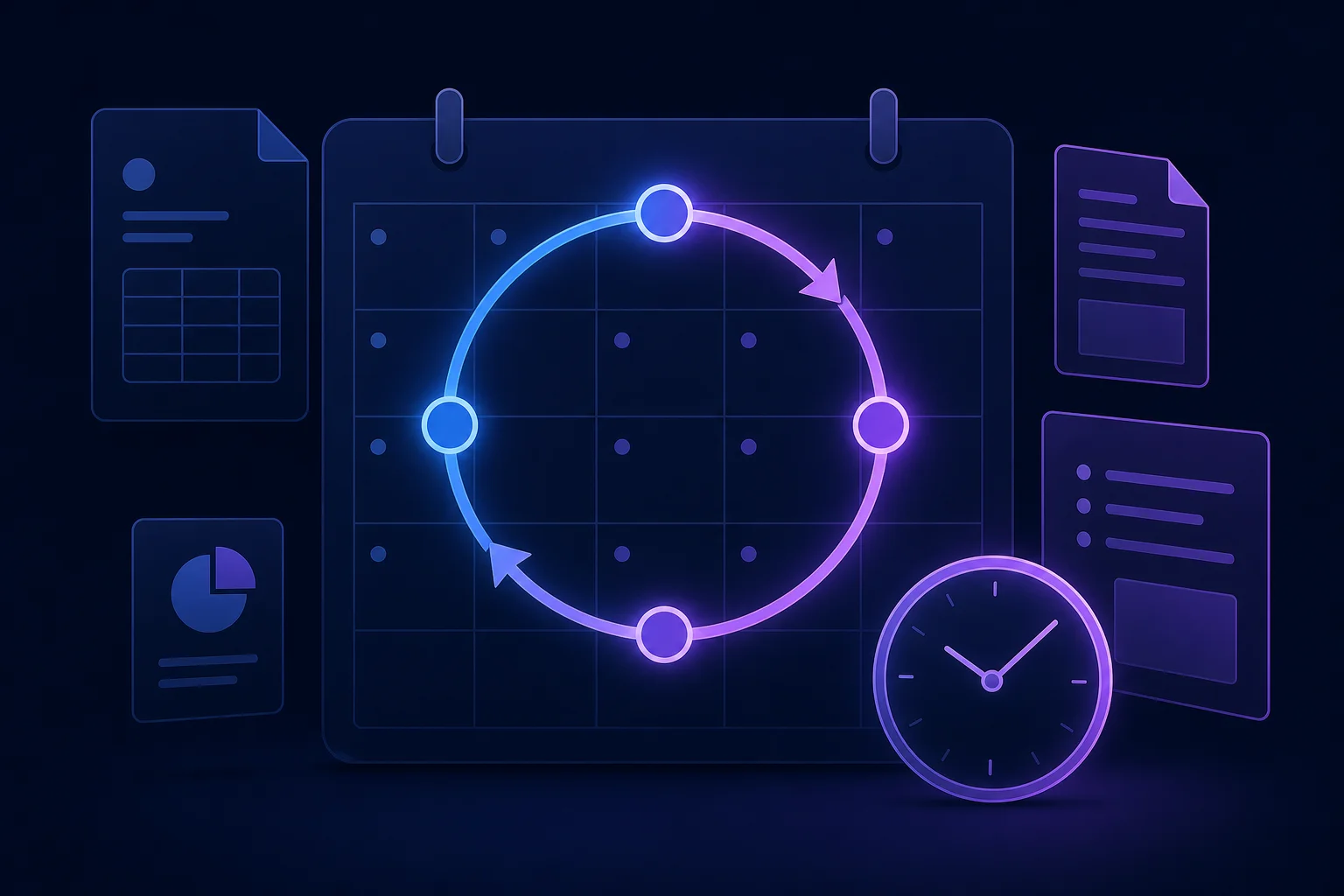 Abstracte kalender met gloeiende kwartaalcyclus symboliseert btw-aangifte deadlines voor ondernemers