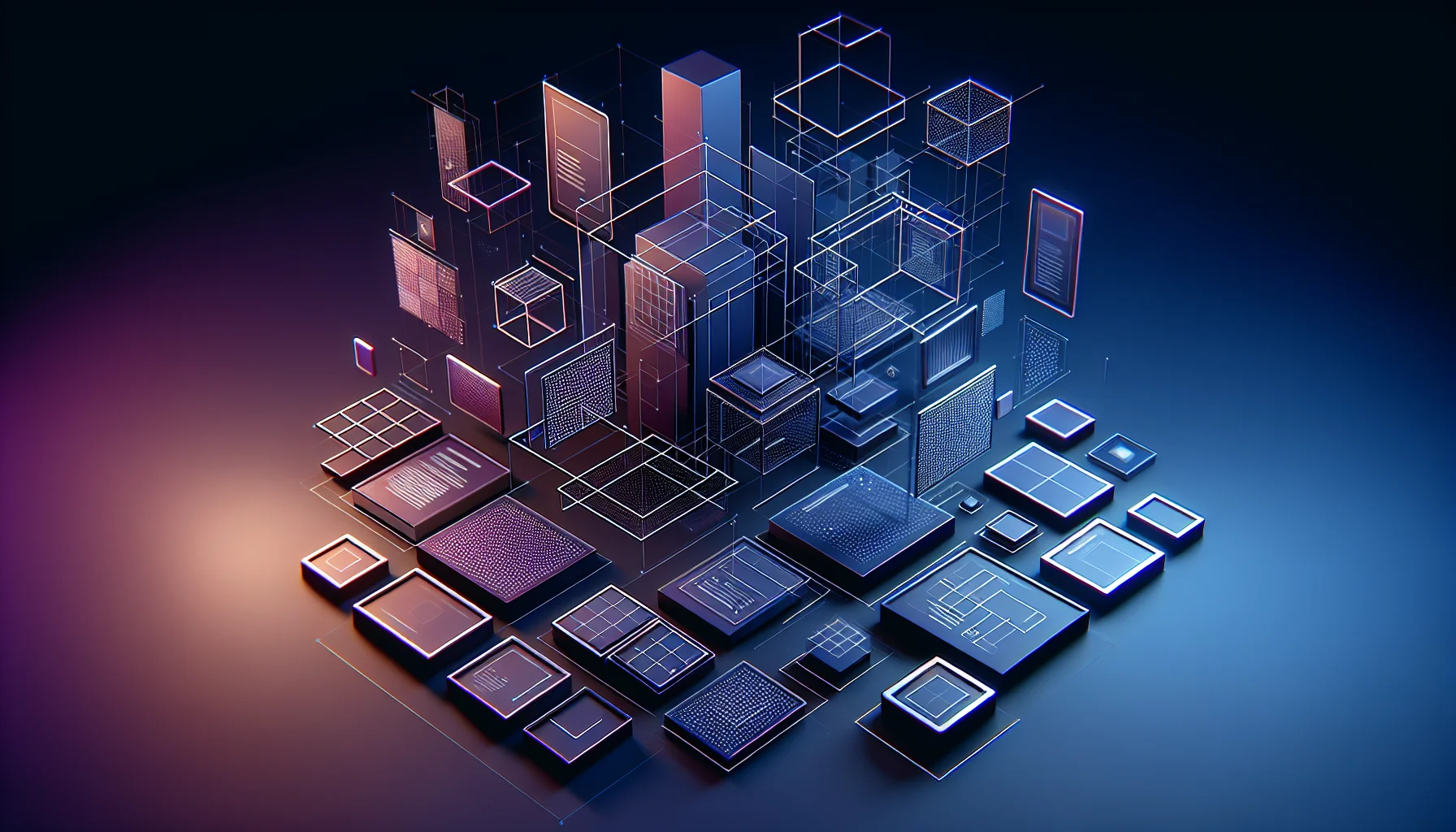 Wix templates en design mogelijkheden visualisatie 3D wireframe blokken en modulaire grid layouts zweven in donkere ruimte met blauwe paarse accenten