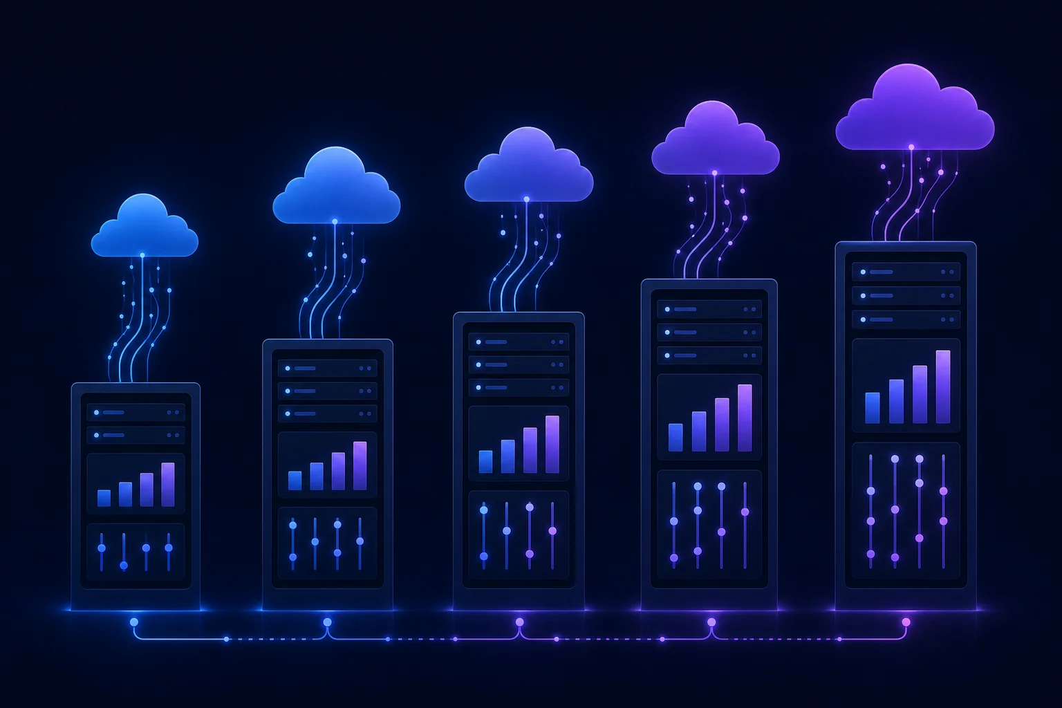 Featurevergelijking top 5 WordPress hosting providers Vijf abstracte serverrack-silhouetten met datalijnen die de featurevergelijking tussen top WordPress hosts symboliseren