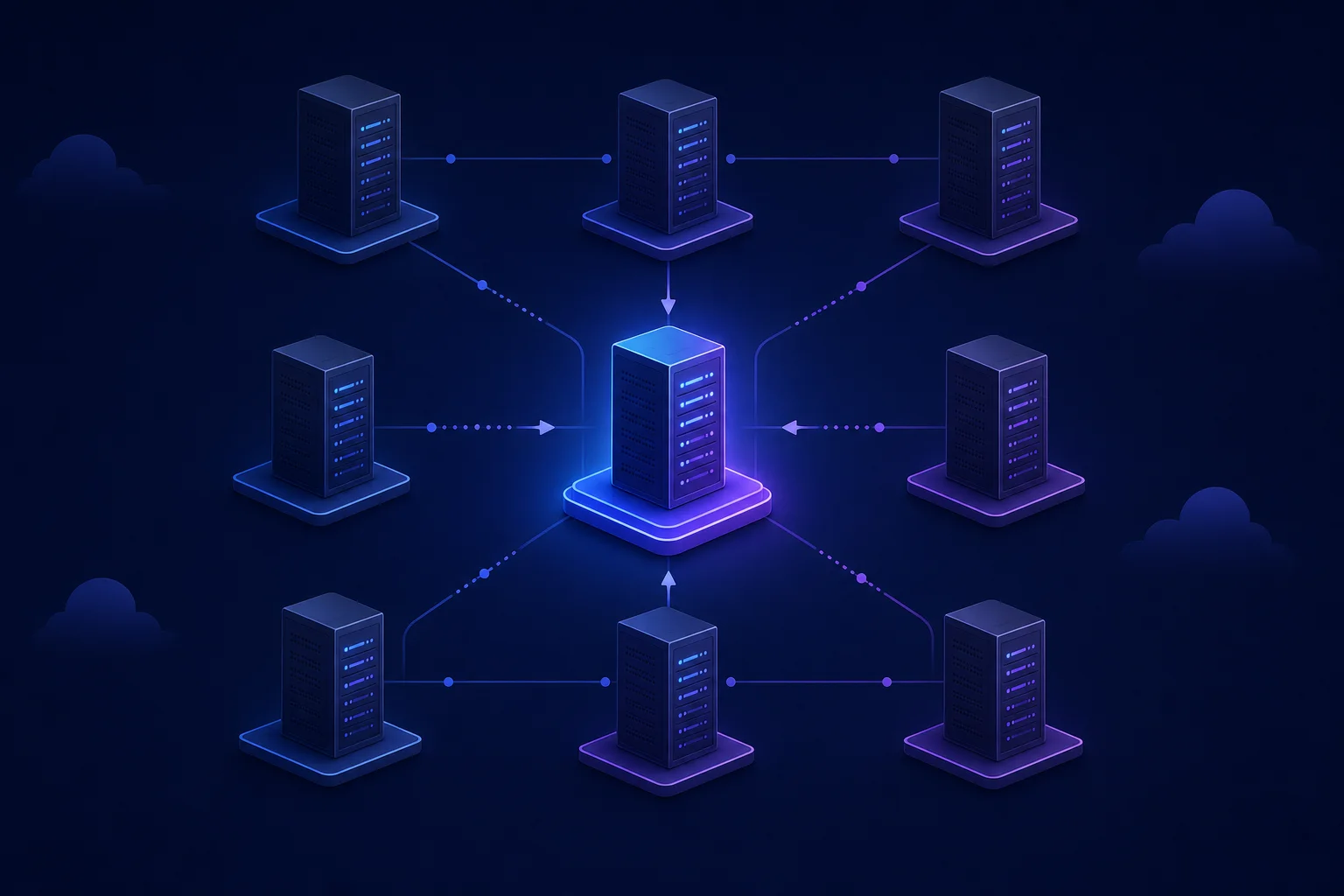 Vergelijking van de 9 beste WordPress hosting providers Abstract illustratie van negen server racks verbonden door datalijnen, symbool voor vergelijking van WordPress hosting provid