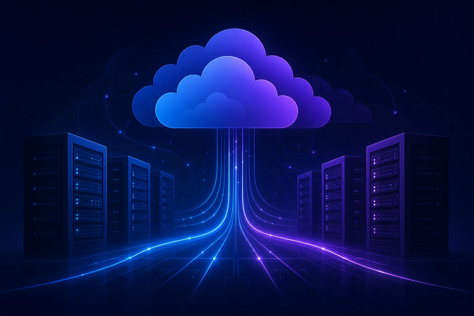 Vergelijking WordPress hosting providers 2026 Abstracte serverrekken en wolkvormen met datalijnen symboliseren WordPress hosting providers