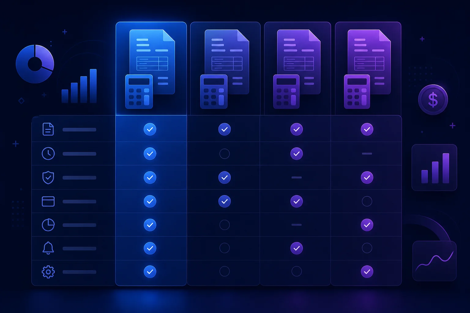 Abstracte vergelijking van boekhoudsoftware features met geometrische factuur- en rekenmachine-iconen in blauw-paars
