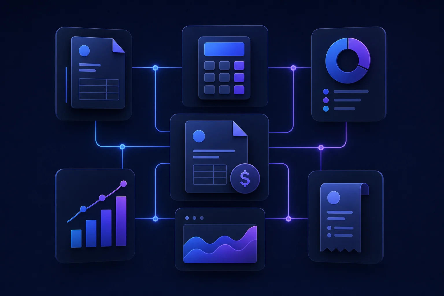 Zeven abstracte panelen met factuur- en rekenmachine-iconen symboliseren de vergelijking van boekhoudprogramma's voor ZZP'ers